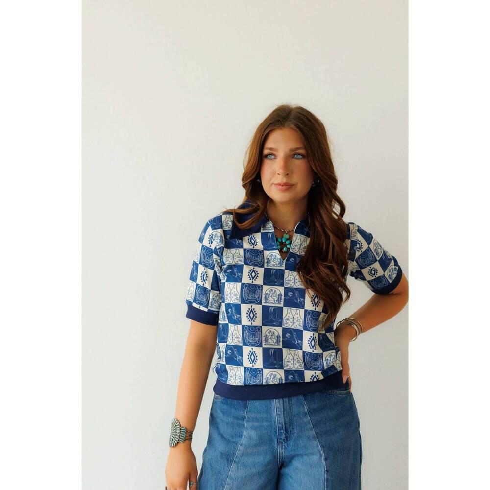 NEW HOWDY HANNY cambridge check top in blue/ cream